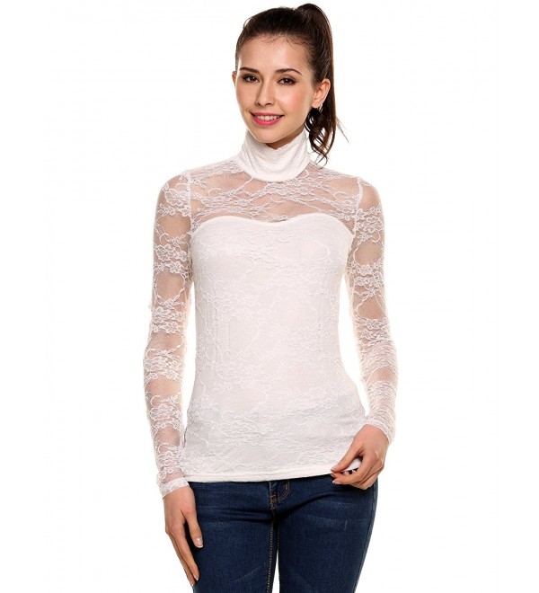 Women's Turtleneck Sheer Lace Blouse - White - C217YSW630H