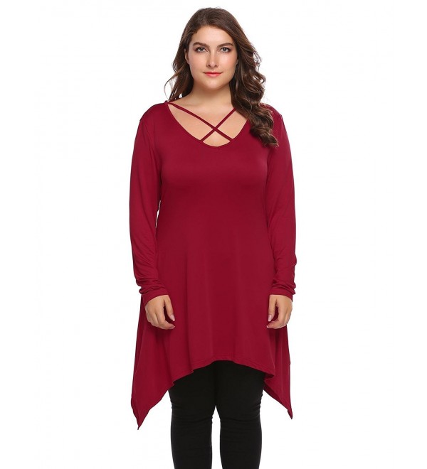 Women Plus Size Irregular Hem Long Sleeve Shirt Dress Top Cross V-Neck ...