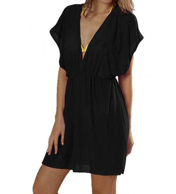 Women's Beach Swimsuit Cover Up V-neck Dress - Black - CY12O9UVJQ8