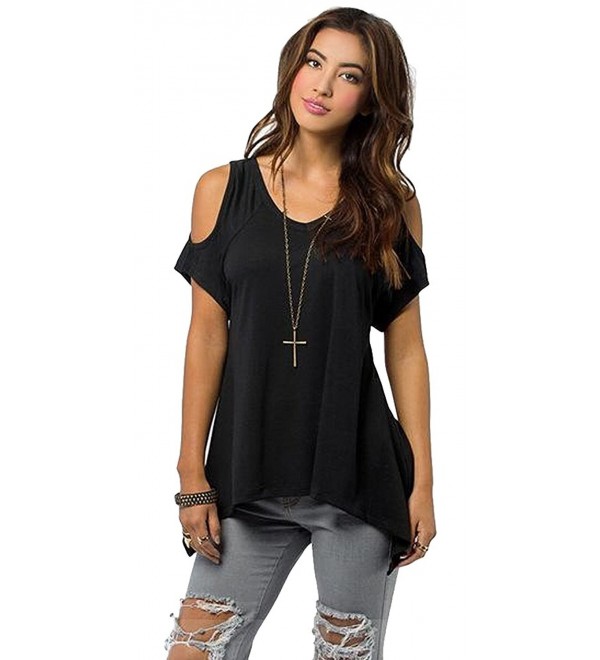 Women's Vogue Shoulder Off Wide Hem Design Top Shirt - Black - C011W5HC2IL