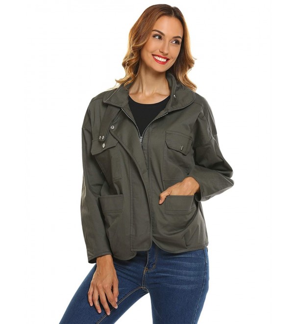 Women's Casual Zip Up Batwing Sleeve Military Anorak Jacket With ...