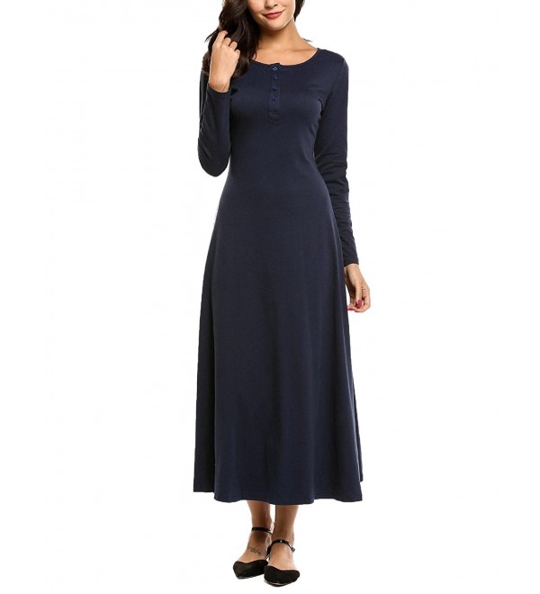 Women Casual Long Sleeve Plain Button Up Henley Maxi Dress - Navy Blue ...