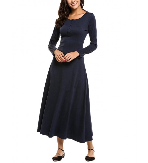 Women Casual Long Sleeve Plain Button Up Henley Maxi Dress - Navy Blue ...