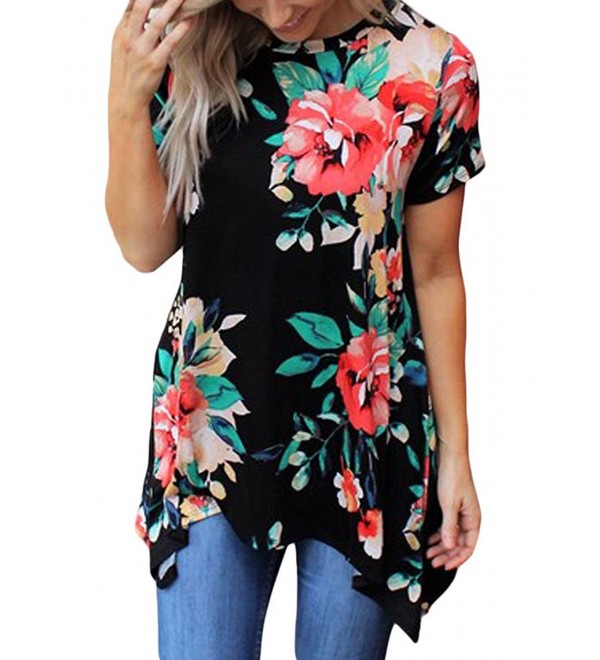 Women's Casual Floral Print Tunic Loose Fitting Tops Short Sleeve T ...