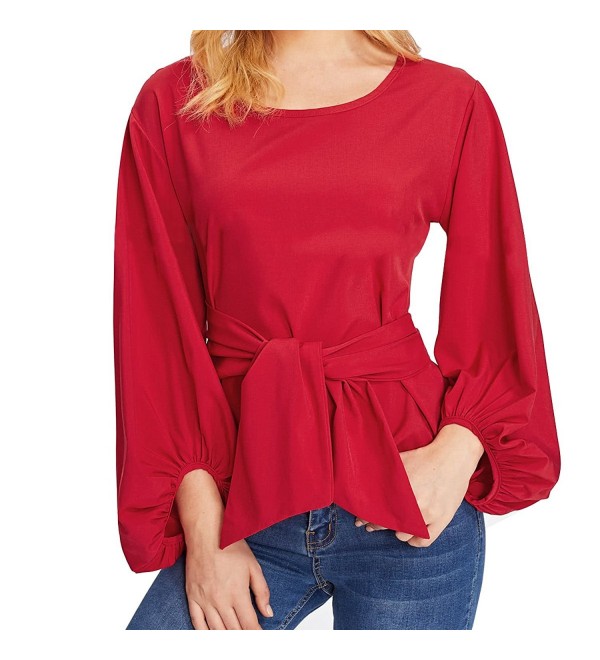 Women's Tie Waist Shirt Long Lantern Sleeve Round Neck Blouse Loose ...