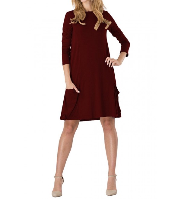 Womens Long Sleeve Pockets Loose Swing Plain T-Shirt Dress - Wine ...