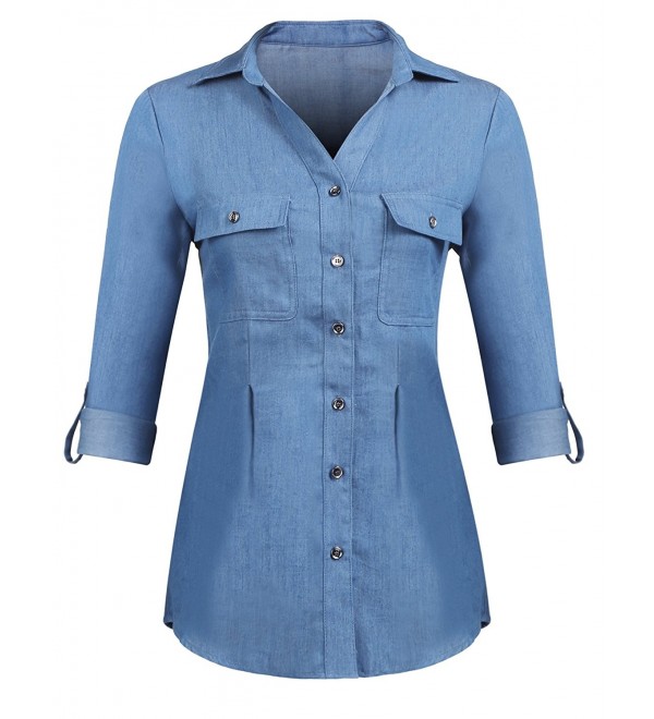 Womens Basic Button Down Roll Up Sleeve Jean Denim Shirt Tops S-XXL ...