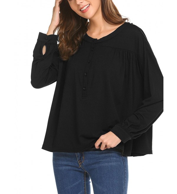 Women's Casual Long Sleeve Blouse Loose Fit Button Down Pleated Shirts ...