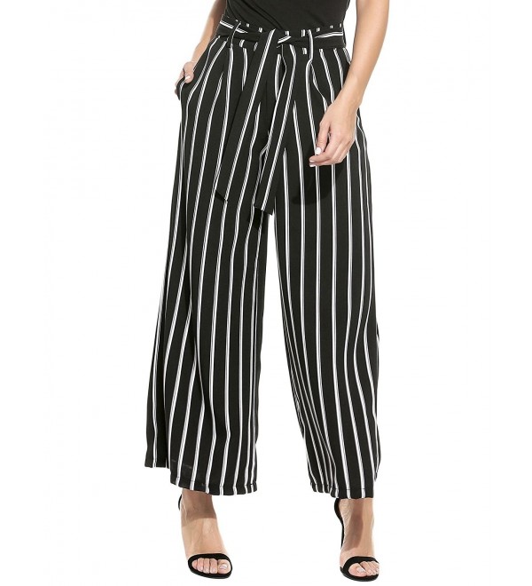 Women Casual Striped Print Loose Fit Wide Leg Pants High Waist Capri ...