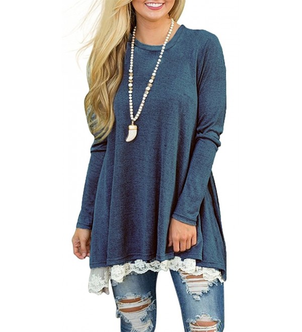 Women Lace Long Sleeve Tunic Top Blouse - Royal Blue - CQ188KA97G2