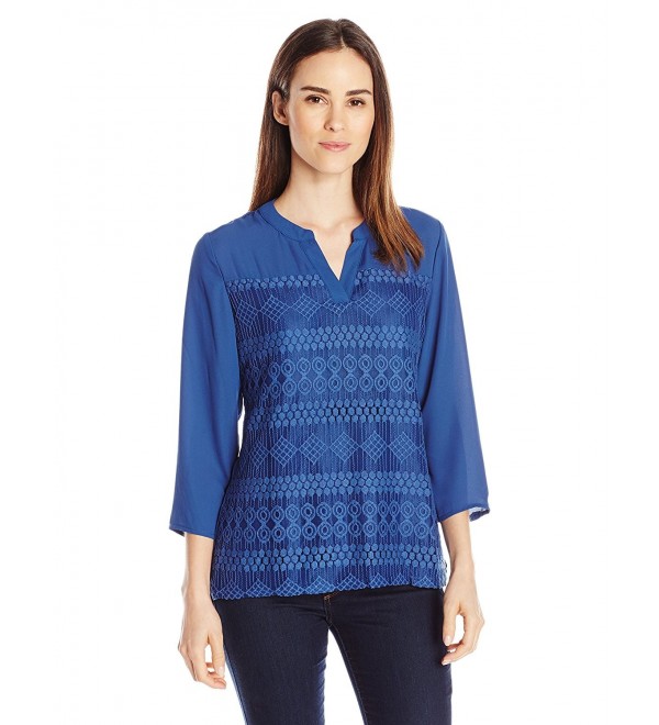Women's Plus Size 3/4 Sleeve Henley Lace Top - Blue/Matinee - C712LO13N27