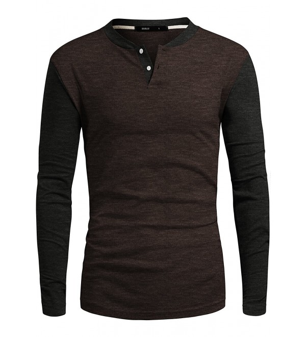 Men's Henley Shirt Casual Long Sleeve Two Tone Shirt - Kmttl0463_brown ...