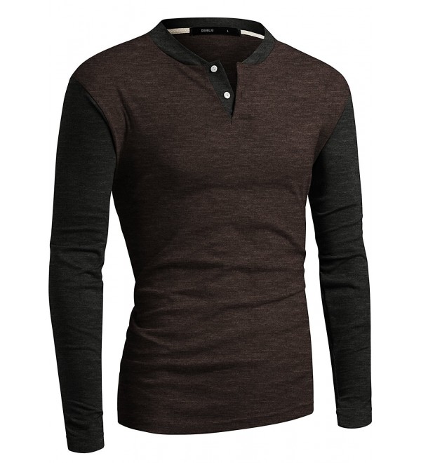 Men's Henley Shirt Casual Long Sleeve Two Tone Shirt - Kmttl0463_brown ...