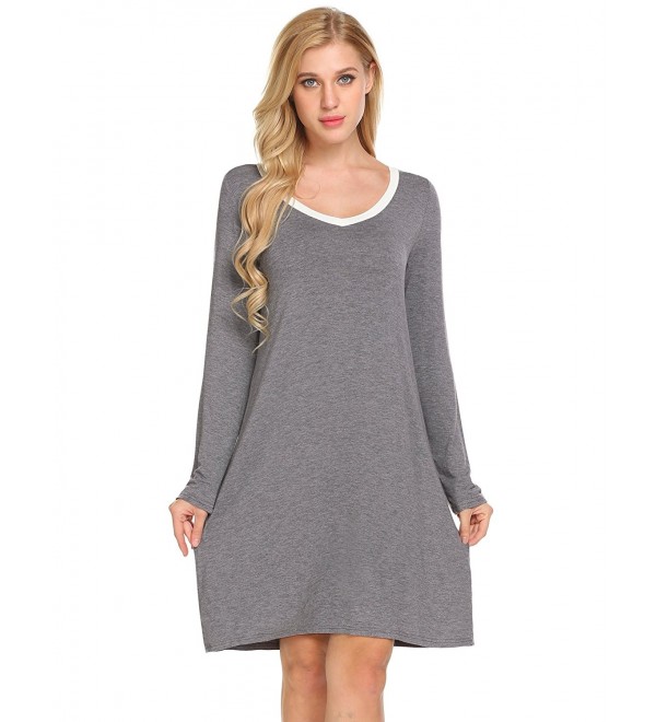 Womens Nightshirt Long Sleeves V Neck Nightgown Sleepwear S-XXL - Grey ...