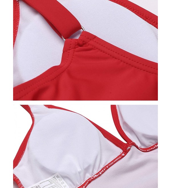 Women Swim Dress V-Neck Backless Swimsuits Solid Ruffles One Piece Swimwear - Red - CW180HUEN2G