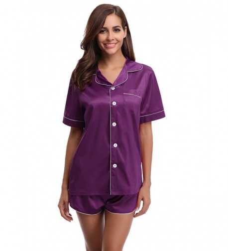 Womens Pajama Short Set Silk Satin Sleepwear Short Sleeves with Pants ...
