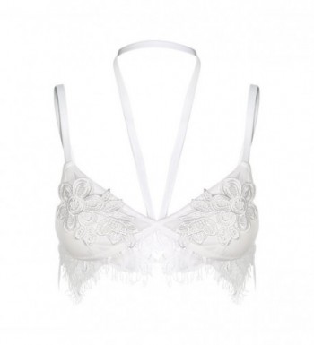 Women Mesh Bra Set Lace Embroidery and Eyelash Trim White Halter ...