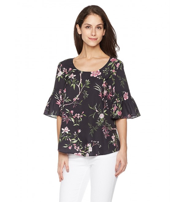 Women's Shirred Short Sleeve Round Neck Woven Blouse - Floral Print ...