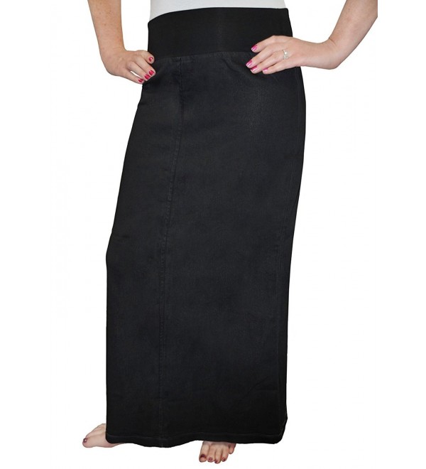 Women's Long Denim Skirt With Stretch Waistband - Sw Black + Black ...