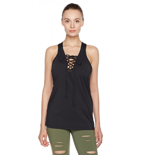 Women's Lace-Up Neckline X-Back Sports Tank Top - Black - CU182OSO3X0