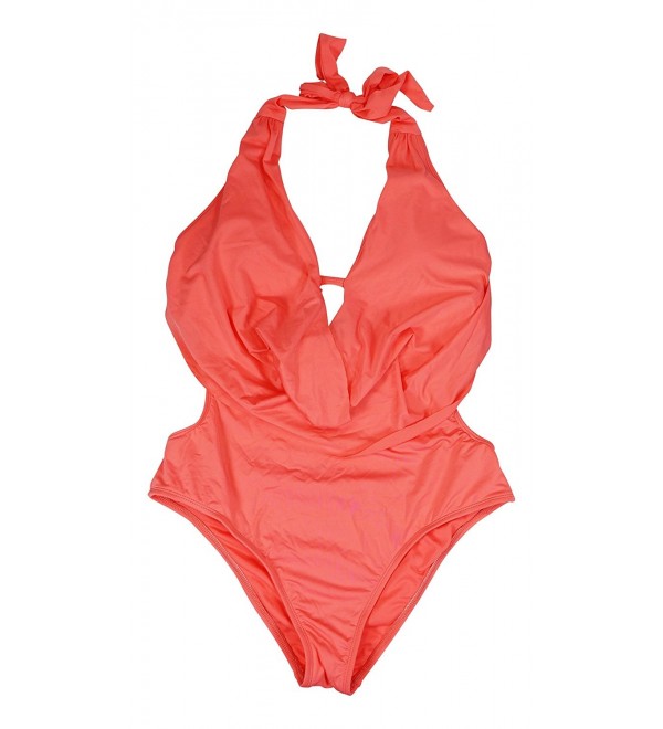 Solid Color Cutaway One Piece Bathing Suit - Coral Reef - CG12DU1Y70B