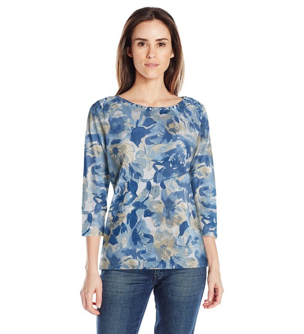 Ruby Rd. Women's Petite Size 3/4 Sleeve Funnel-Neck Floral Cotton Knit ...