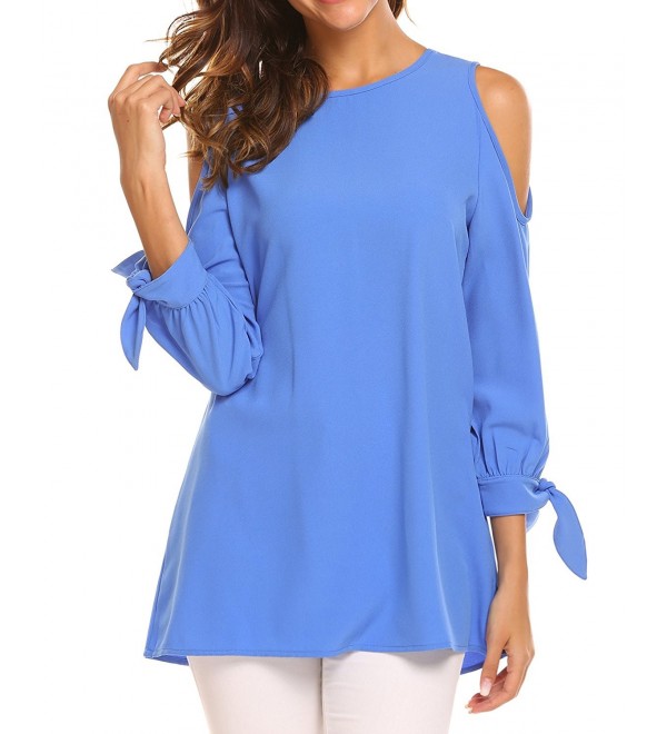 Women 3/4 Tie Sleeve Cold Shoulder Chiffon Blouse Tops - Blue - CT1860GXGKX