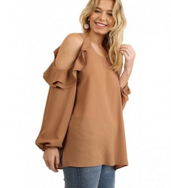 Womens Puff Sleeve Top With Open Ruffled Shoulders and Side Slits ...