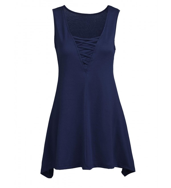 Women's Summer Sleeveless V Neck Lace Up Flowy Cami Tank Tops - Navy ...