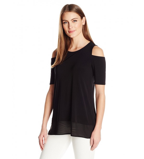 Women's Cold Shoulder Mixed Media Top - Rich Black - C512NZVPC99