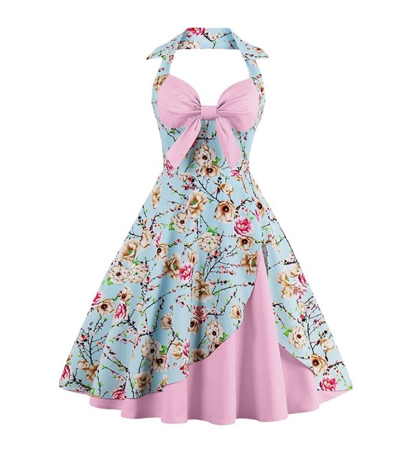 Women's Vintage Halter Rockabilly Swing Floral Print Tea Cocktail Dress ...