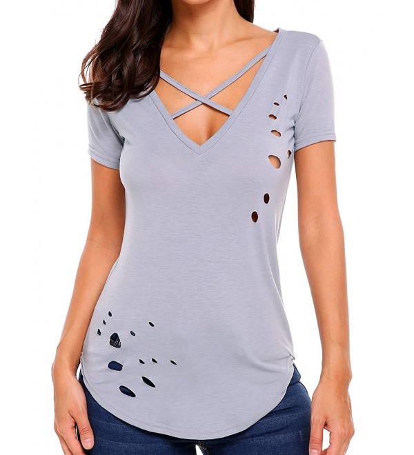 Women's Short Sleeve Cross Front Distressed Tee Hole Tunic Shirt - Gray ...