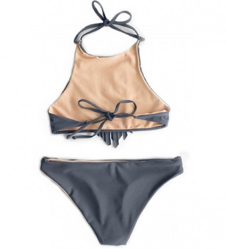 Fashion Women's Front Tassel Halter Bikini Set Beach Swimwear - CZ17YA2HZLT