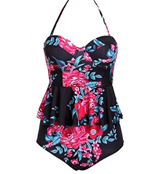 Womens Underwire Floral Printed Flounce Retro High Waisted Tankini ...