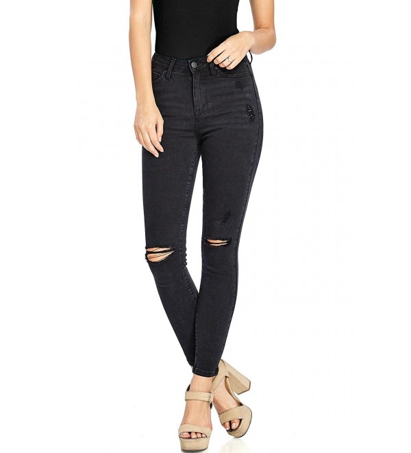 Women's Juniors High Rise Stretchy Ankle Skinny Jeans - Black - CX189Q4YWEE