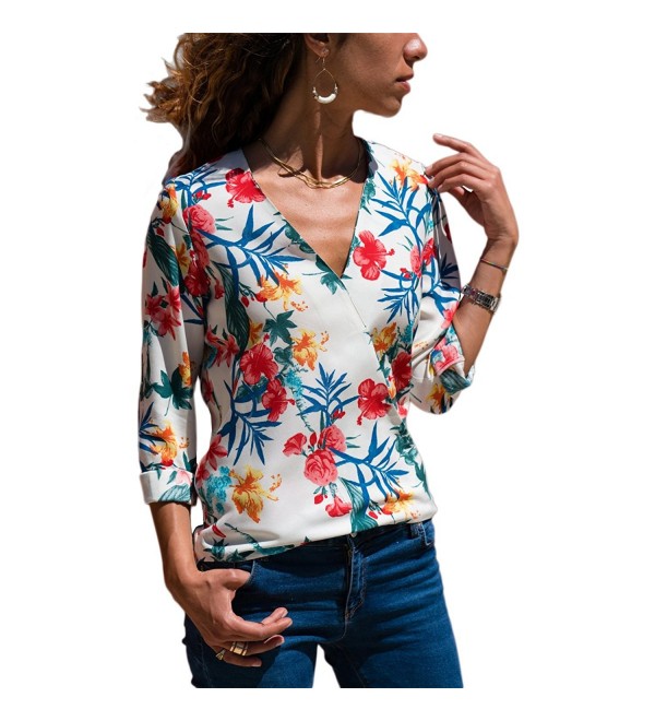 Women's Long Sleeve V-Neck Multi Color Striped & Floral Top Blouses ...