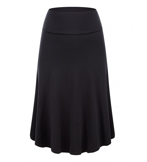 Womens Fold Over Waist Knee Length A-Line Flared Midi Skirt - Black ...