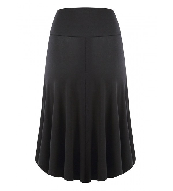 Womens Fold Over Waist Knee Length A-Line Flared Midi Skirt - Black ...