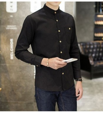 Men's Mandarin Collar Long Sleeve Slim Linen Cotton Shirt - 8612 Black ...