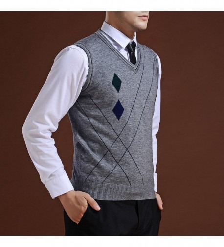 Men's V-Neck Rhombus Knitwear Sweater Vest Waistcoat - Gray - C112MOQO1R7