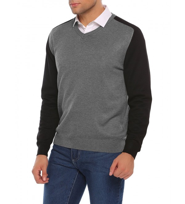 Men's Lightweight V-Neck Contrast Cotton Pullover Sweater - Gray ...