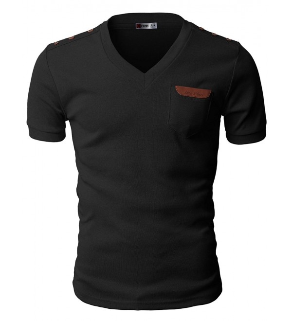 Mens Basic Cotton V-neck T-shirts with Point Shoulder Button Leather ...