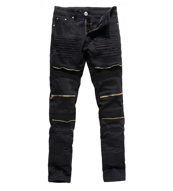 Men's Vintage Distressed Ripped Biker Moto Denim Pants Slim Fit Zipper ...