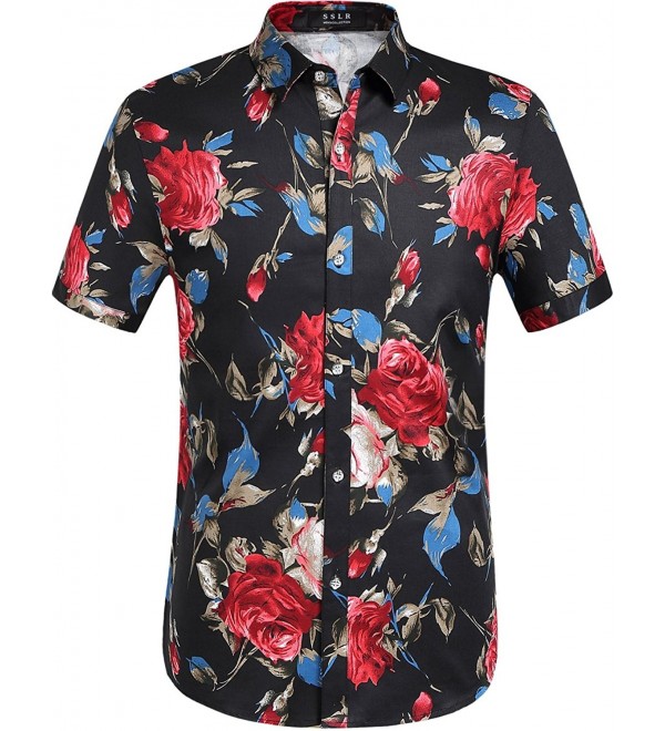 Men's Rose Printed Slim Fit Button Down Short Sleeve Casual Shirt ...