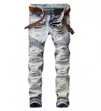 Men's Vintage Light Blue Straight Fit Distressed Ripped Moto Biker ...