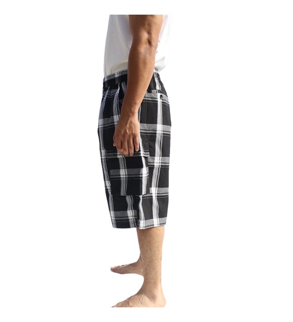 Mens Elastic Drawstring Cargo Pocket Short - Black and White Plaid ...