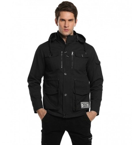 Men's Cotton Military Windbreaker Jacket with Removable Hood - Black ...