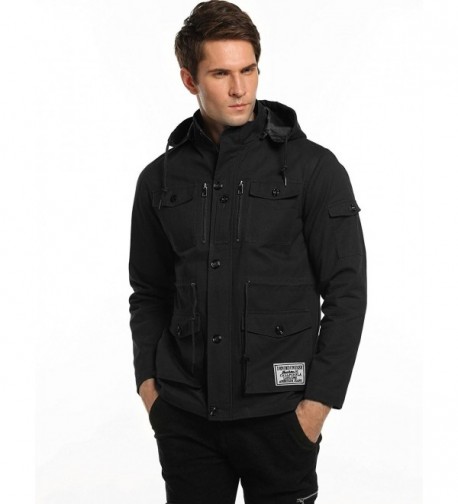 Men's Cotton Military Windbreaker Jacket with Removable Hood - Black ...