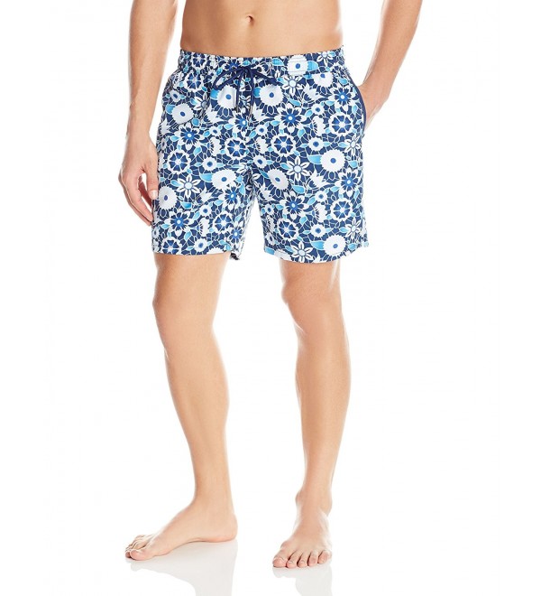 Men's Elastic Waist Floral Print Swimt Trunk- Blue- Large - CD12MDNU3NH