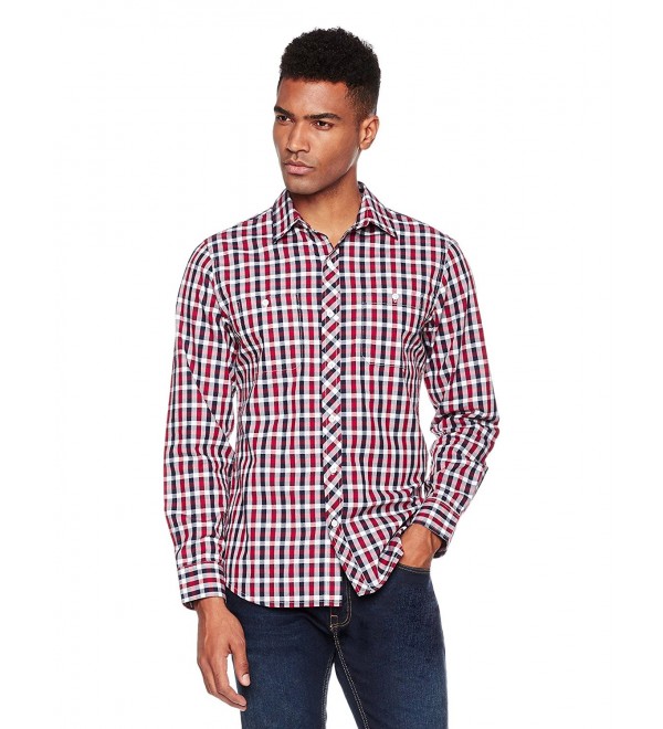 Men's Long Sleeve Regular Fit 2-Pocket Contrast Placket Cotton Plaid ...